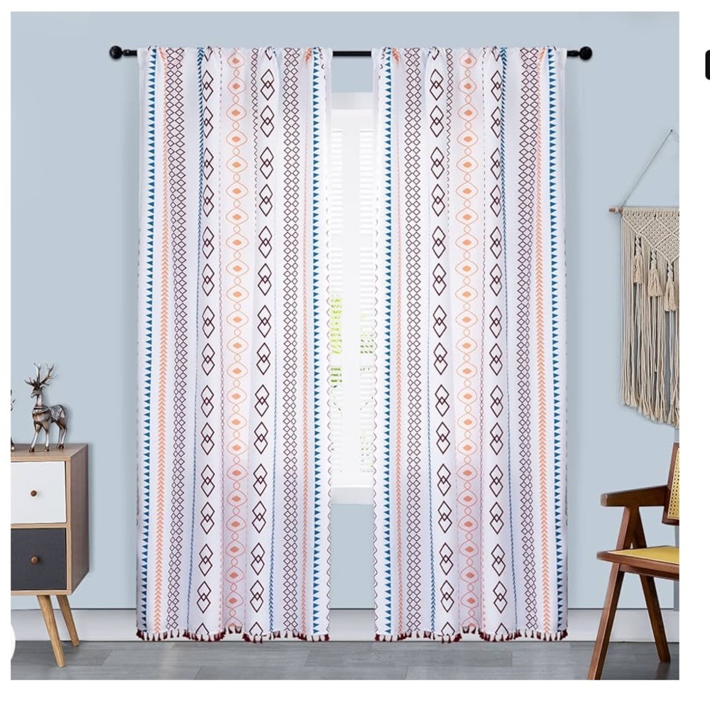Refrze Boho Window Curtains Semi-Blackout Geometric With Tassels 2 Panels